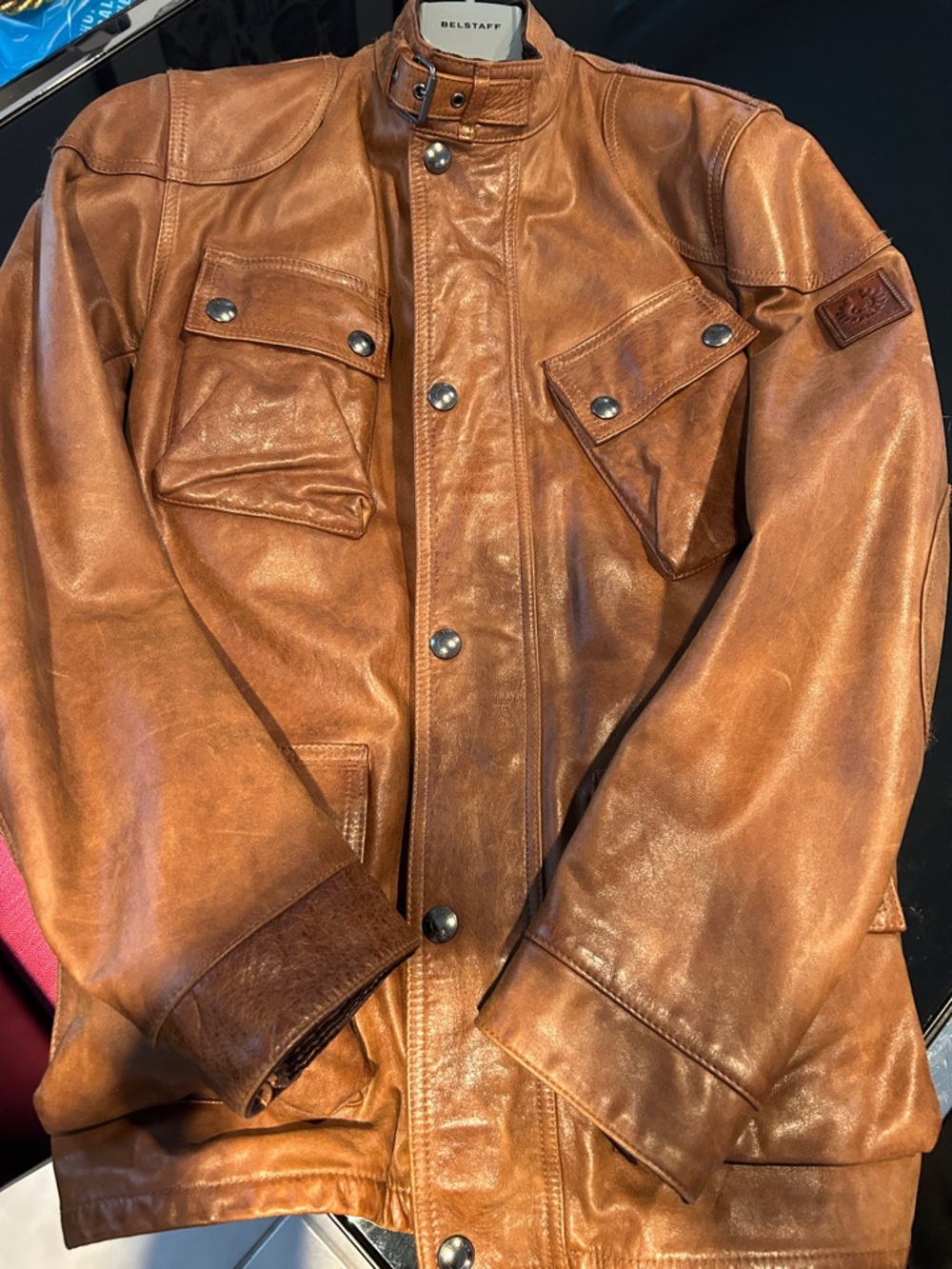 Belstaff Panther 1966 Leather Jacket Cognac Brown w/Beige and Blue Plaid Lining